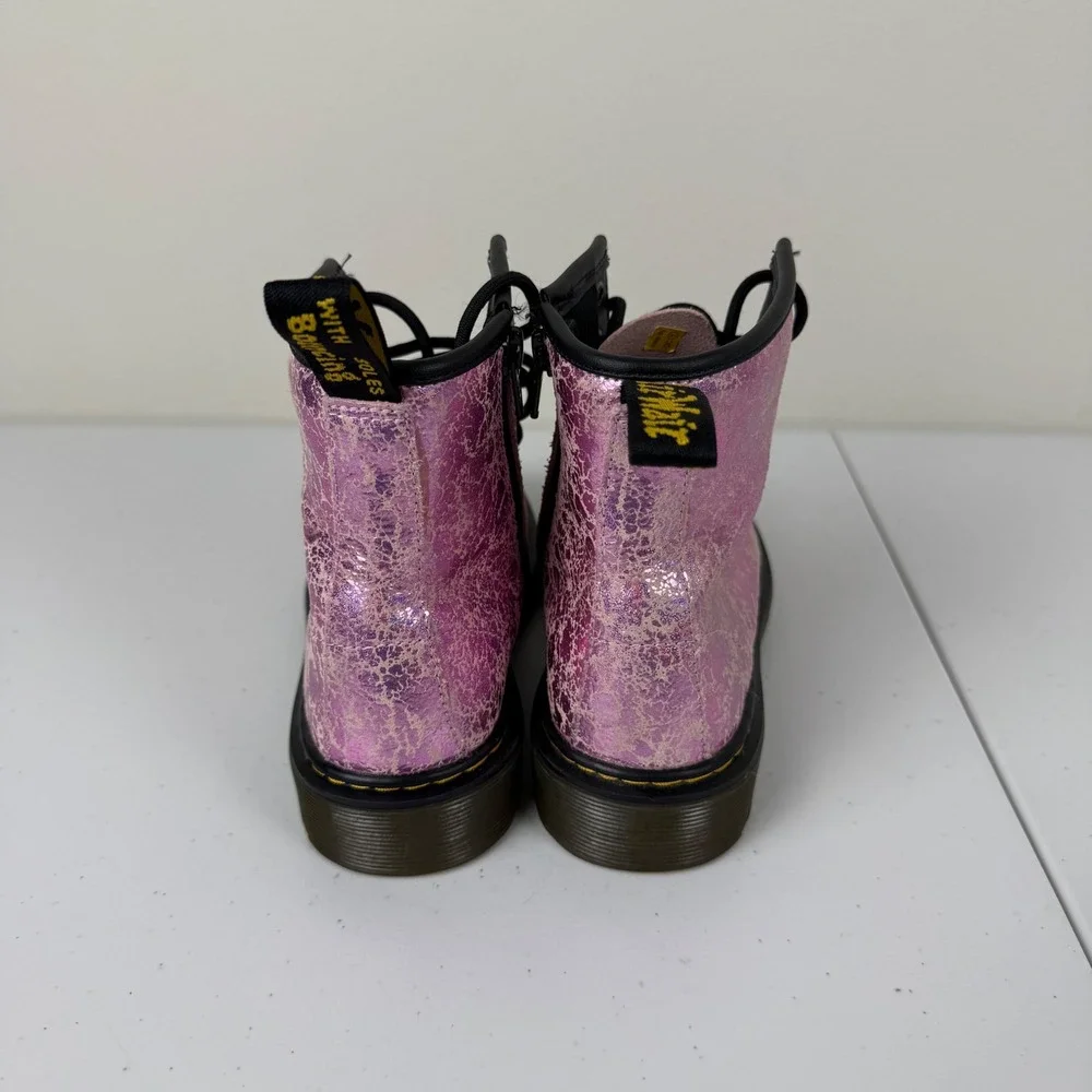 RARE Dr. Martens Boots Pink Shimmer Crackle Leather Lace Up Side Zip Size 3 Kids